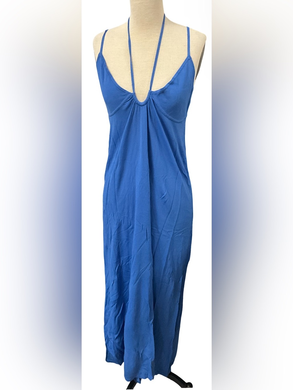 Zara Blue Halter Neck Maxi Dress Spaghetti Strap Size XL